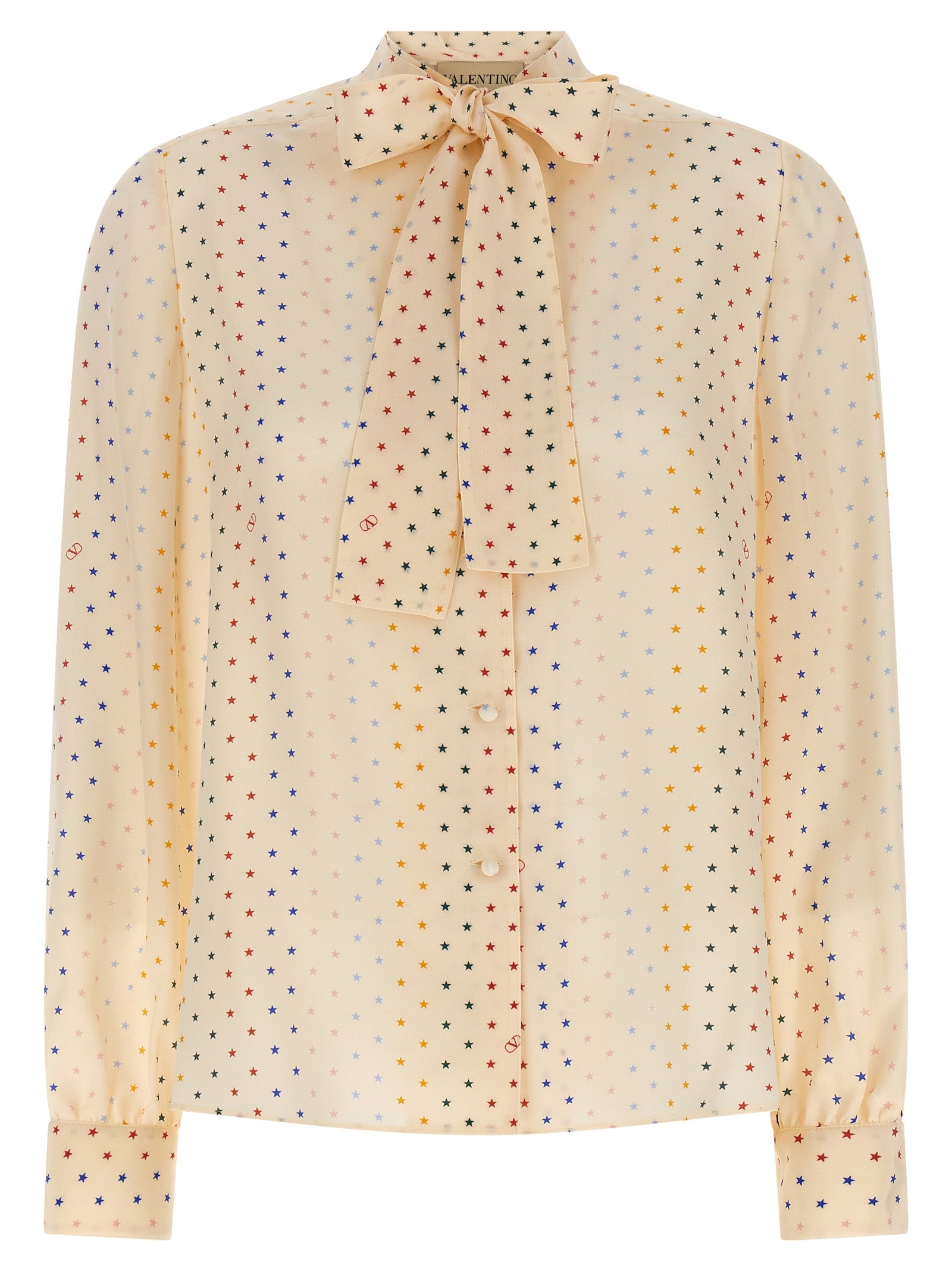 Multicolor Star-Print Silk Blouse — Cream
