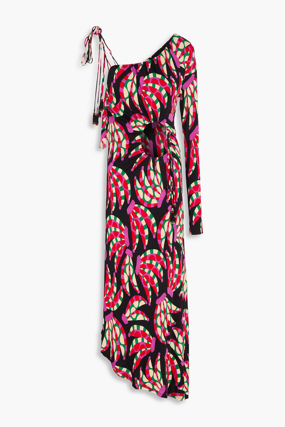 One-sleeve cutout printed jersey midi dress - Black - L