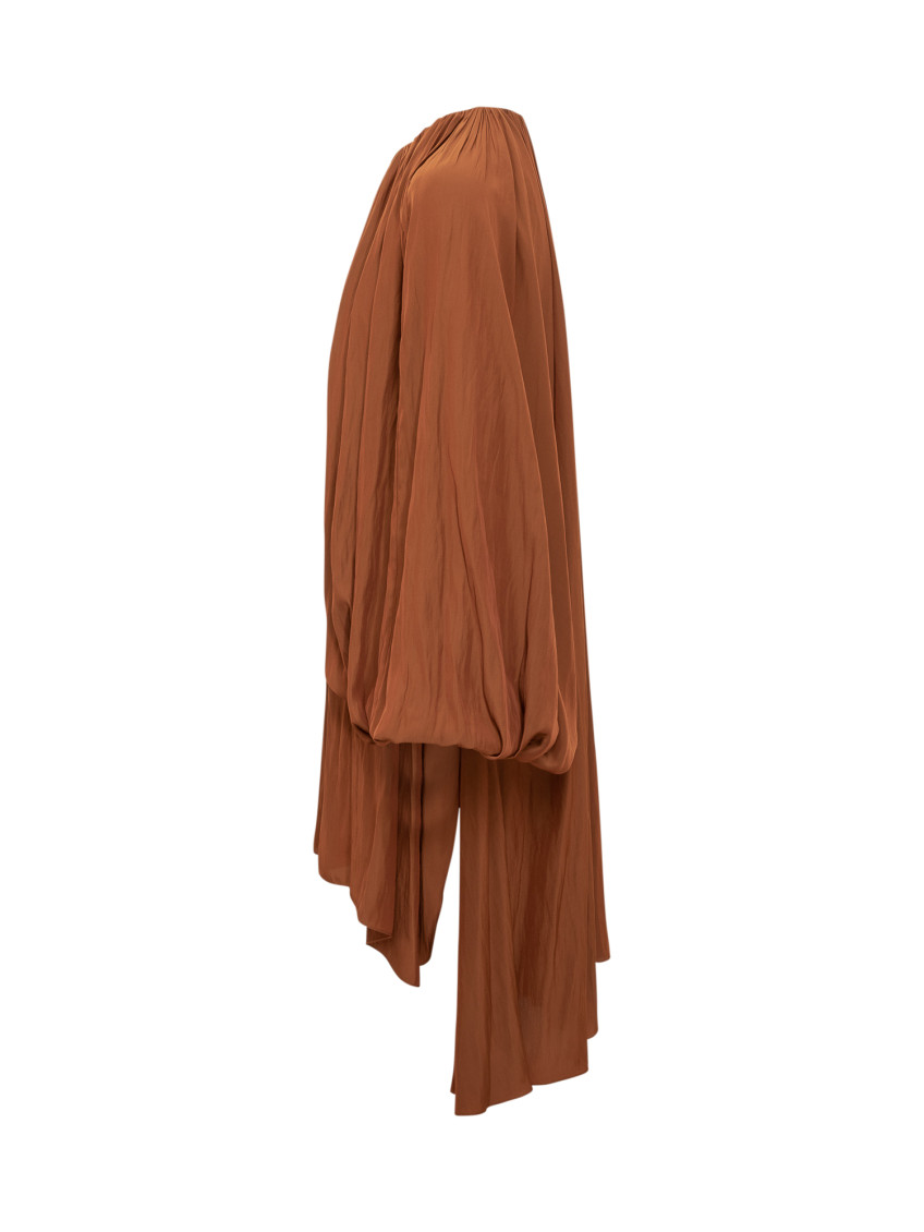 Orange Pleated Round Neck Midi Dress
