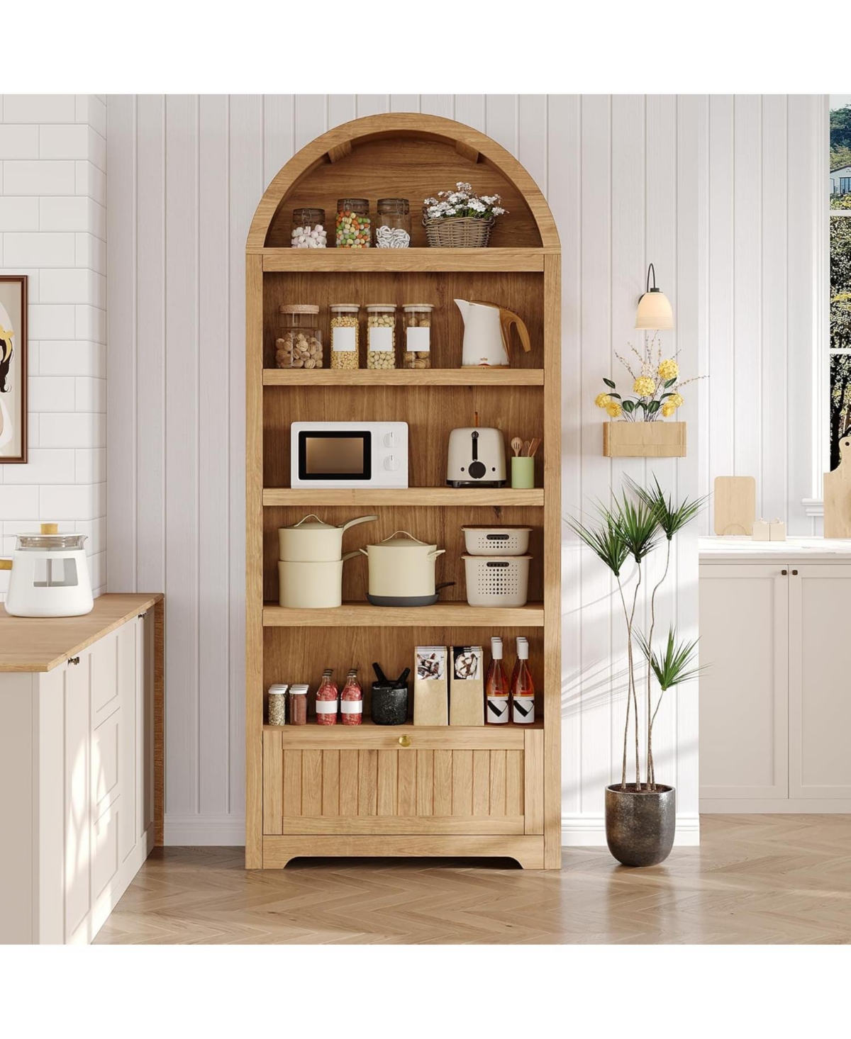 "71"" Tall Arched Pantry Cabinet, 6-Tier Freestanding Bookshelf with Drawer and Anti-Tip - Natural"