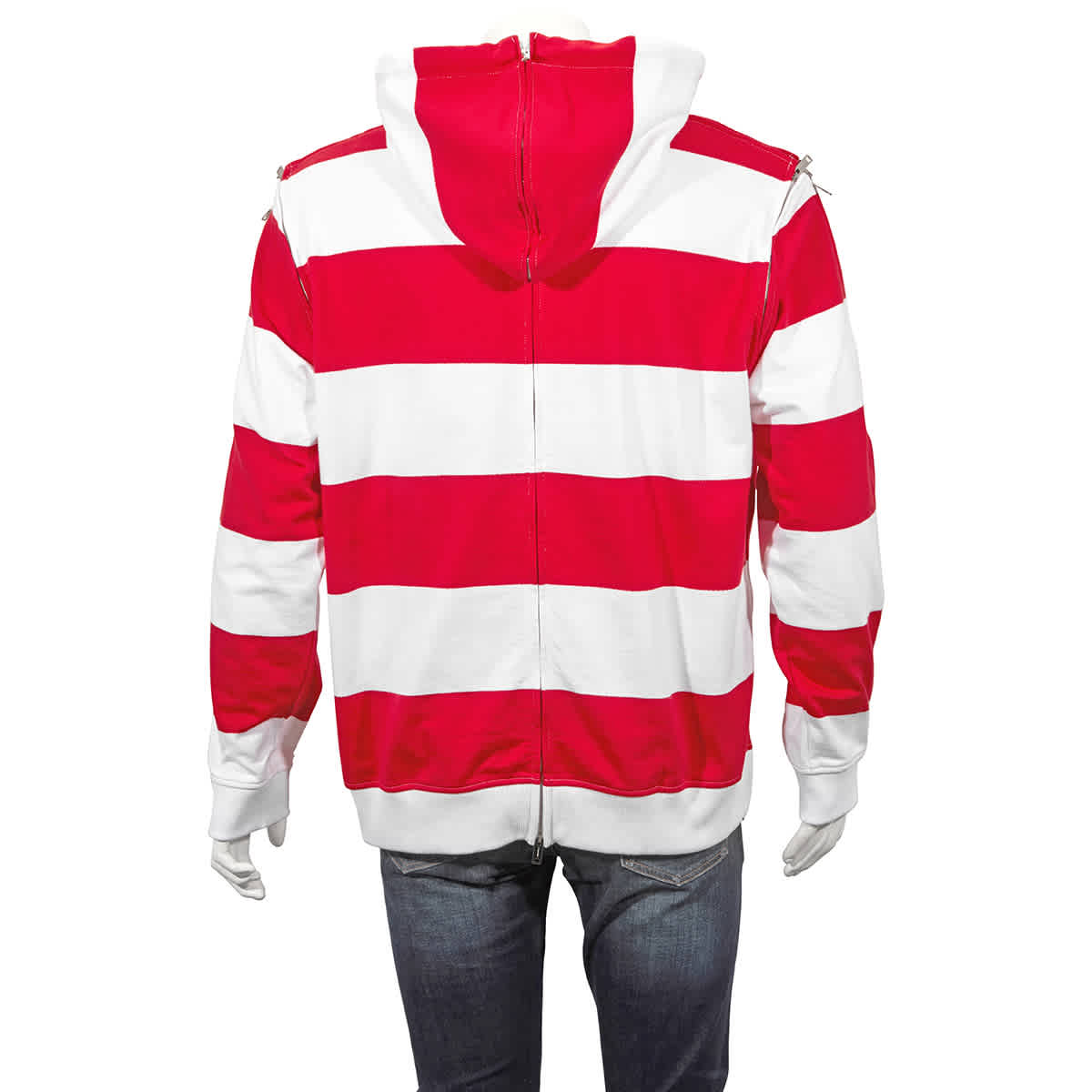 Mens Red Zip Detail Striped Cotton Hoodie