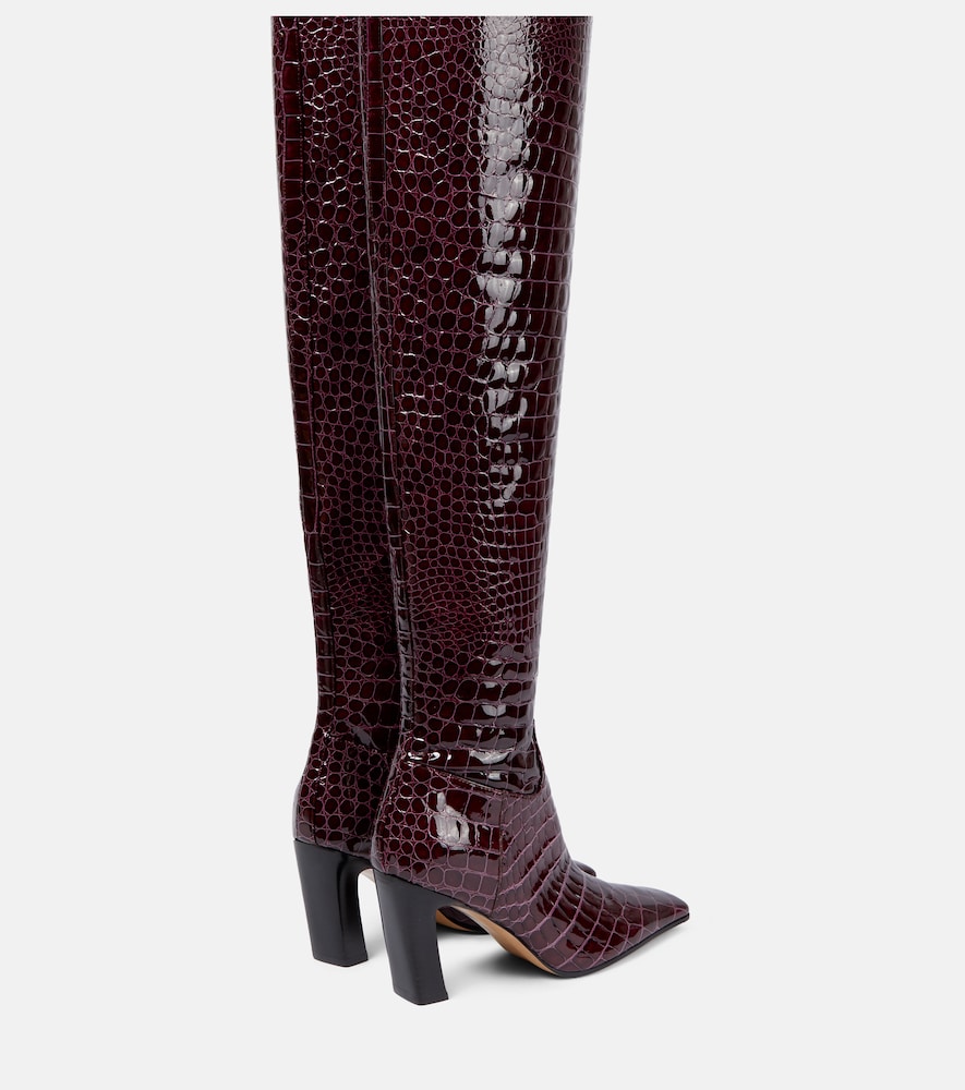 Snake-effect leather knee-high boots