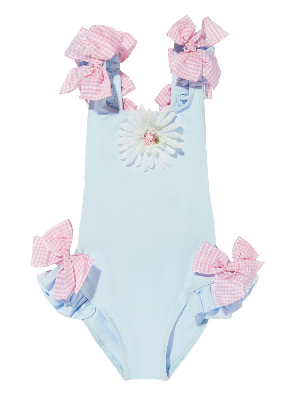 Flower-embellished bow-detailed swimsuit - Blue