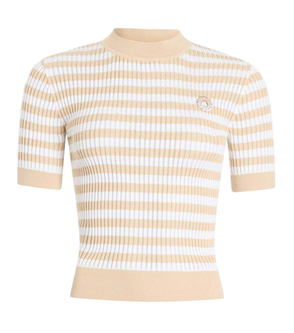 Beige Stripes Mock Collar T-Shirt