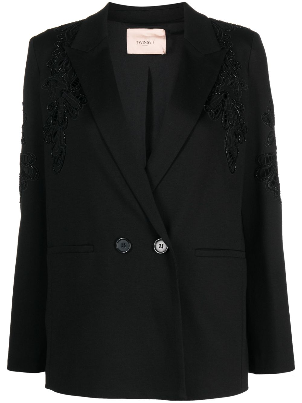 Floral-embroidered double-breasted blazer - Black