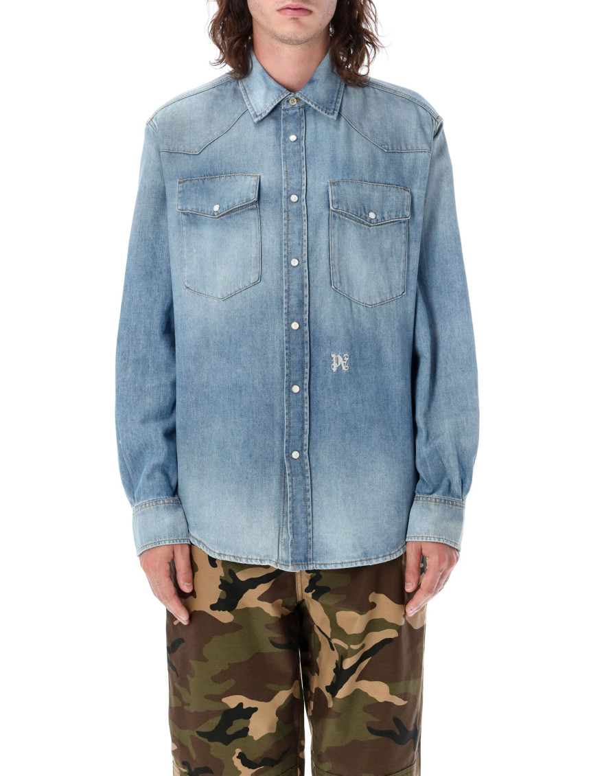 Monogram-embroidered denim shirt - Blue