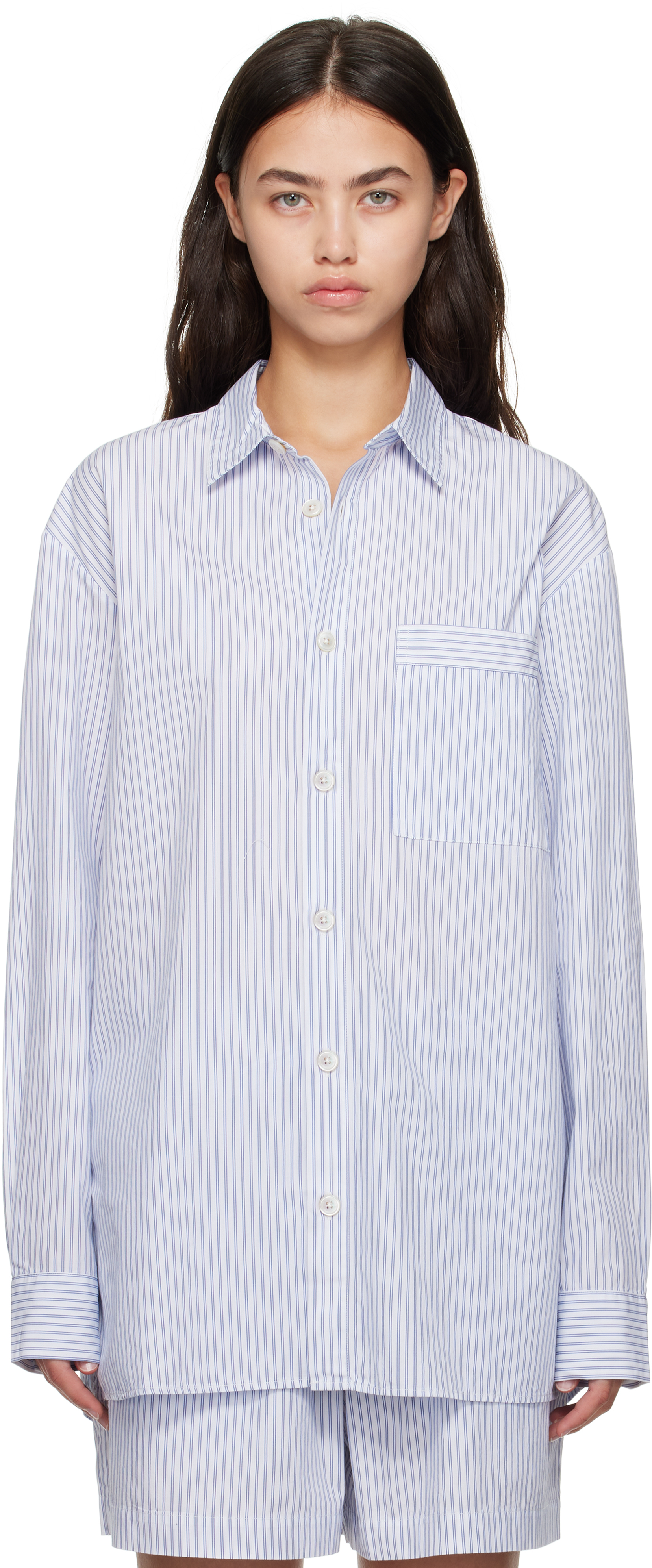 White & Blue Poplin Long-Sleeved Pyjama Shirt