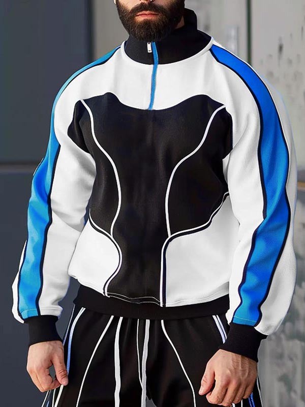 Mens Contrast Color Print Half-Zip Long Sleeve Hoodie SKUK80438 - Blue / S