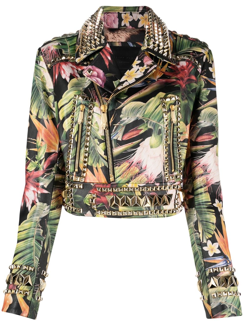 Floral-print studded biker jacket - Green