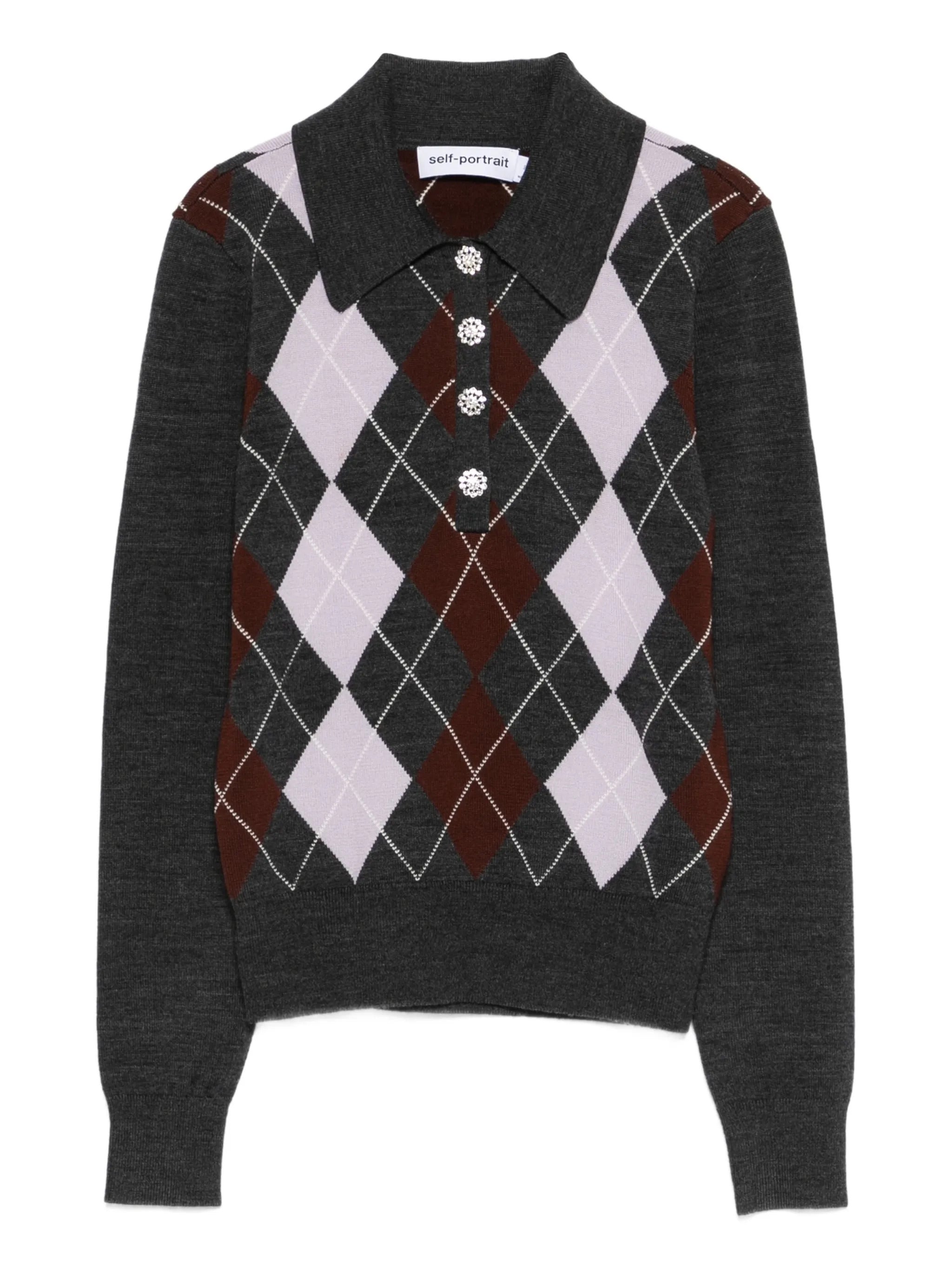Argyle Collar Sweater with Rhinestone Buttons
