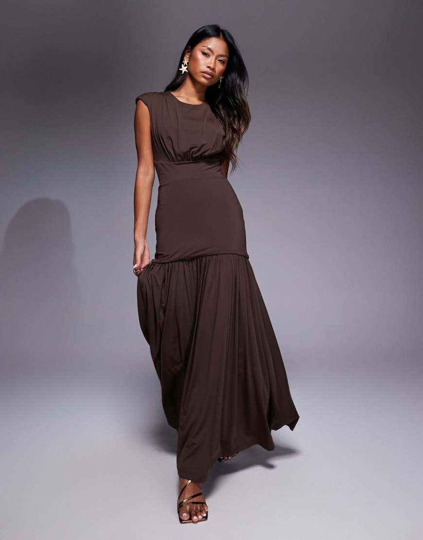 Annaise high neck maxi dress in chocolate-Brown