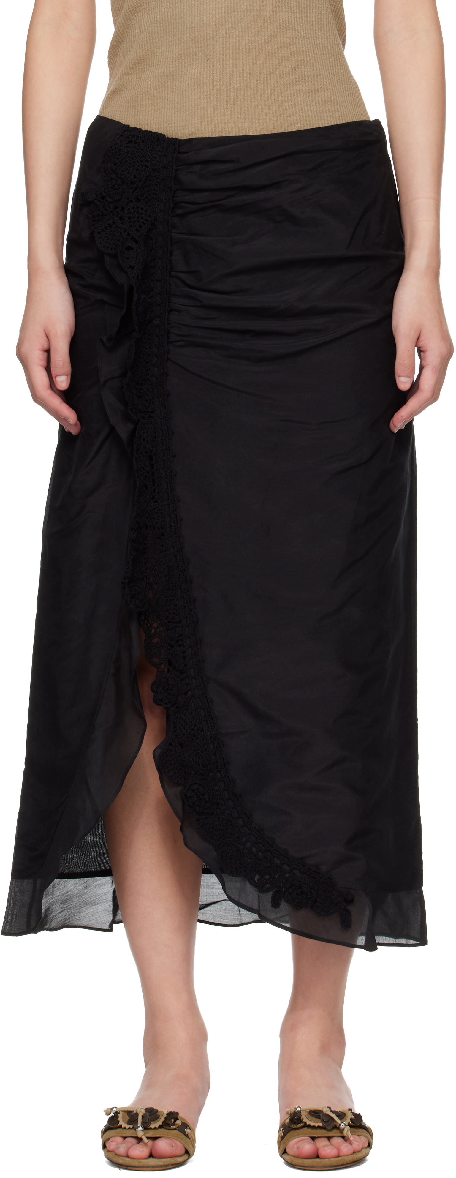 Black Velina Crochet Cotton Silk Midi Skirt