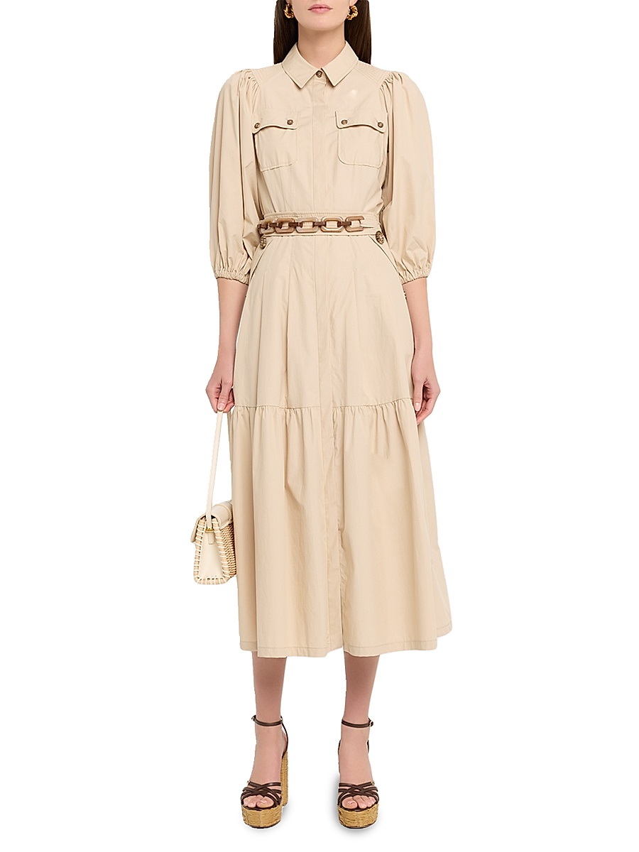 Women's Gathered Cotton Midi-Dress - Beige