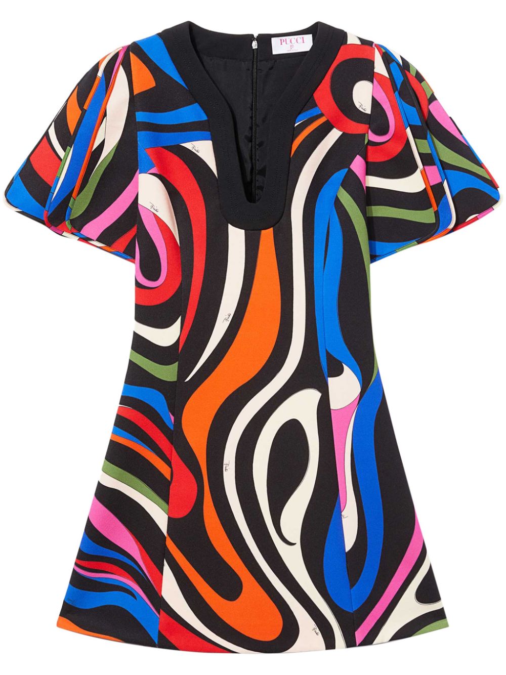 Abstract print puff-sleeves minidress - Black