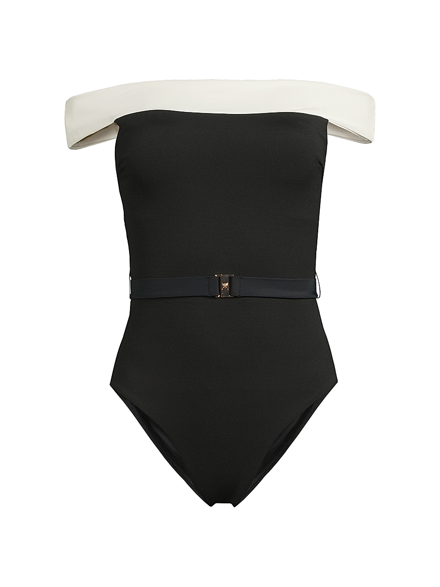 Women's Off-The-Shoulder One-Piece Swimsuit - Black White