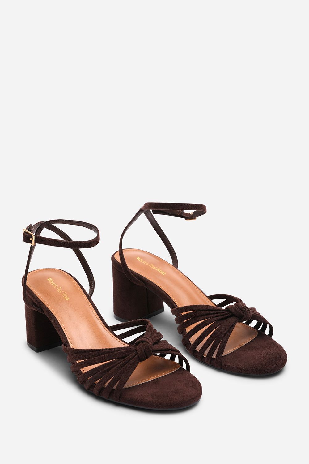 Where's That From Blossy Knotted Block Heel Sandal With Ankle Strap Suede In Dark Brown