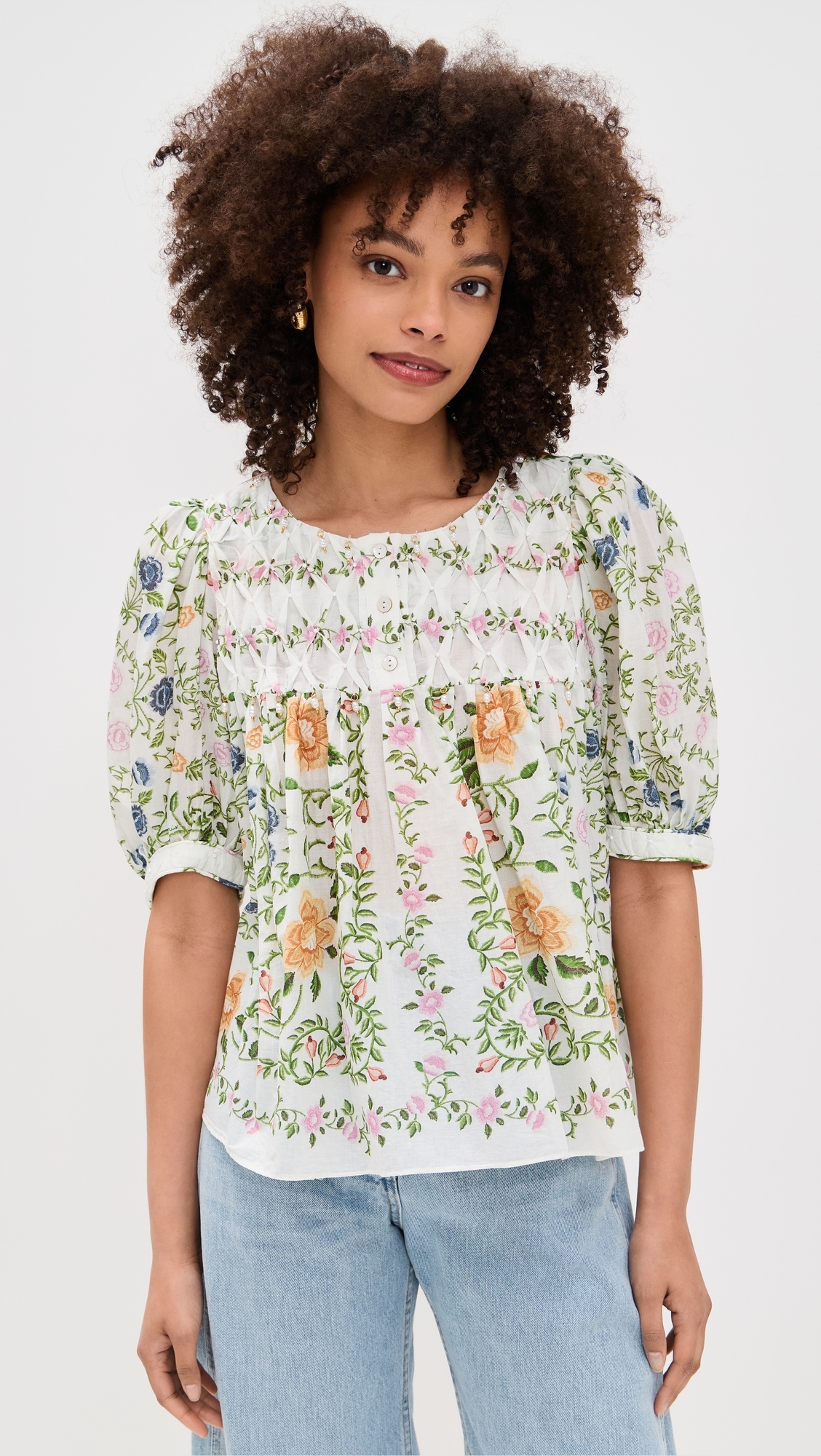 FARM Rio Scoop Neck Short Sleeve Blouse Folk Floral Off-White