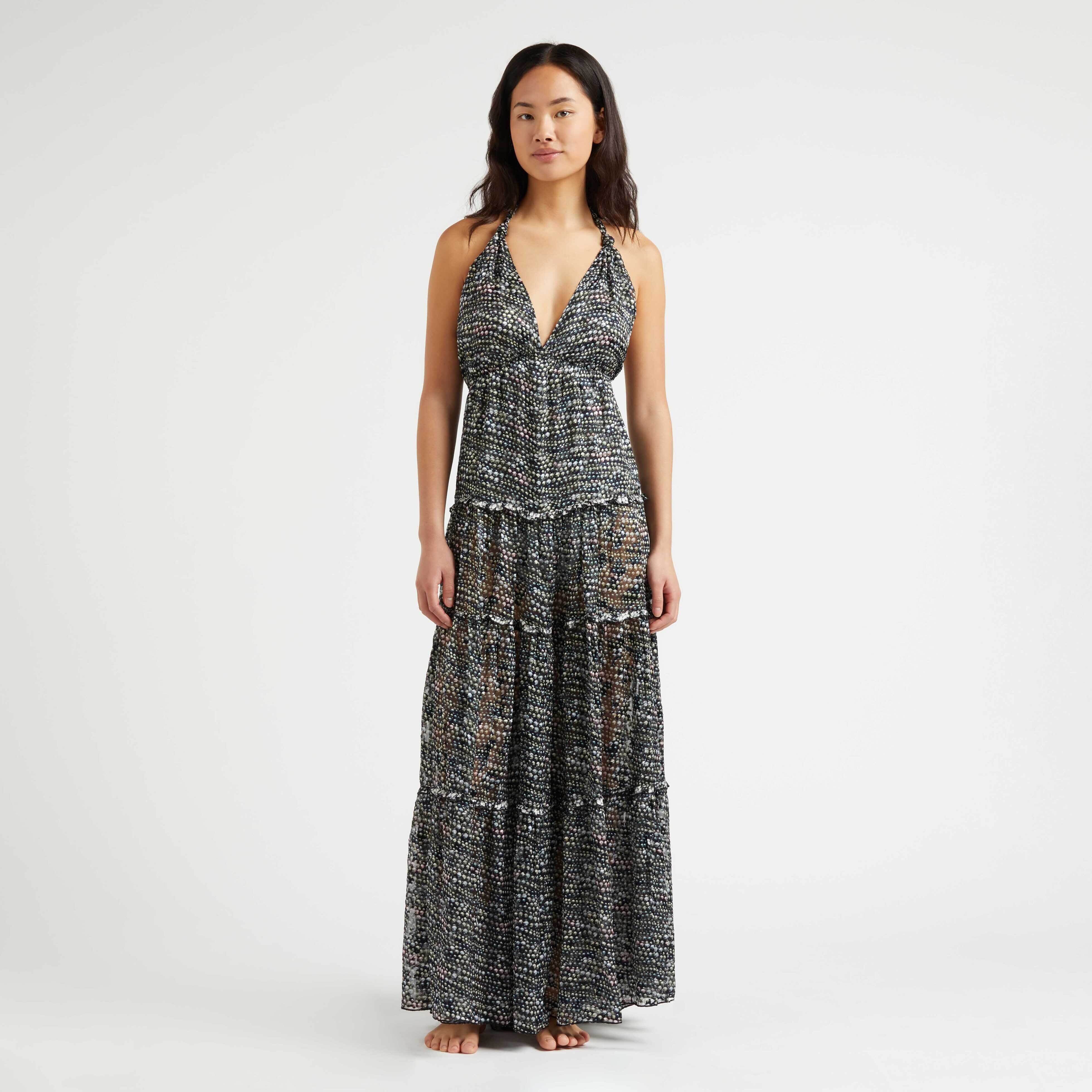 Women Silk And Viscose Long Backless Dress Pearl - Dress - Luna - Black