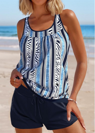 Modlily Patchwork Zebra Stripe Print Navy Tankini Set