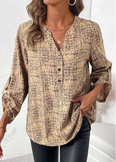 Modlily Plus Light Camel Button Graffiti Print Shirt - 3X