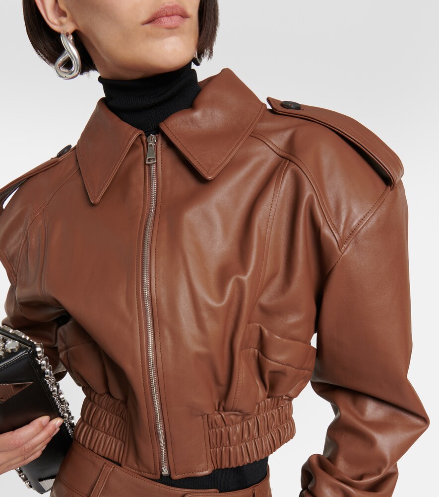 Cropped leather bomber jacket