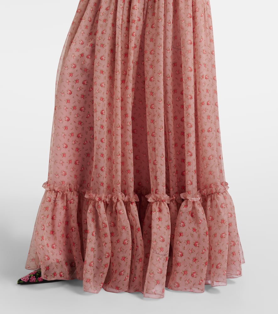 Floral smocked silk and cotton chiffon gown
