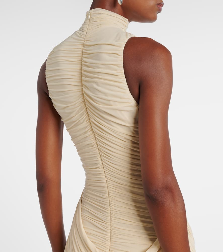 Floral-appliqué draped ruched gown