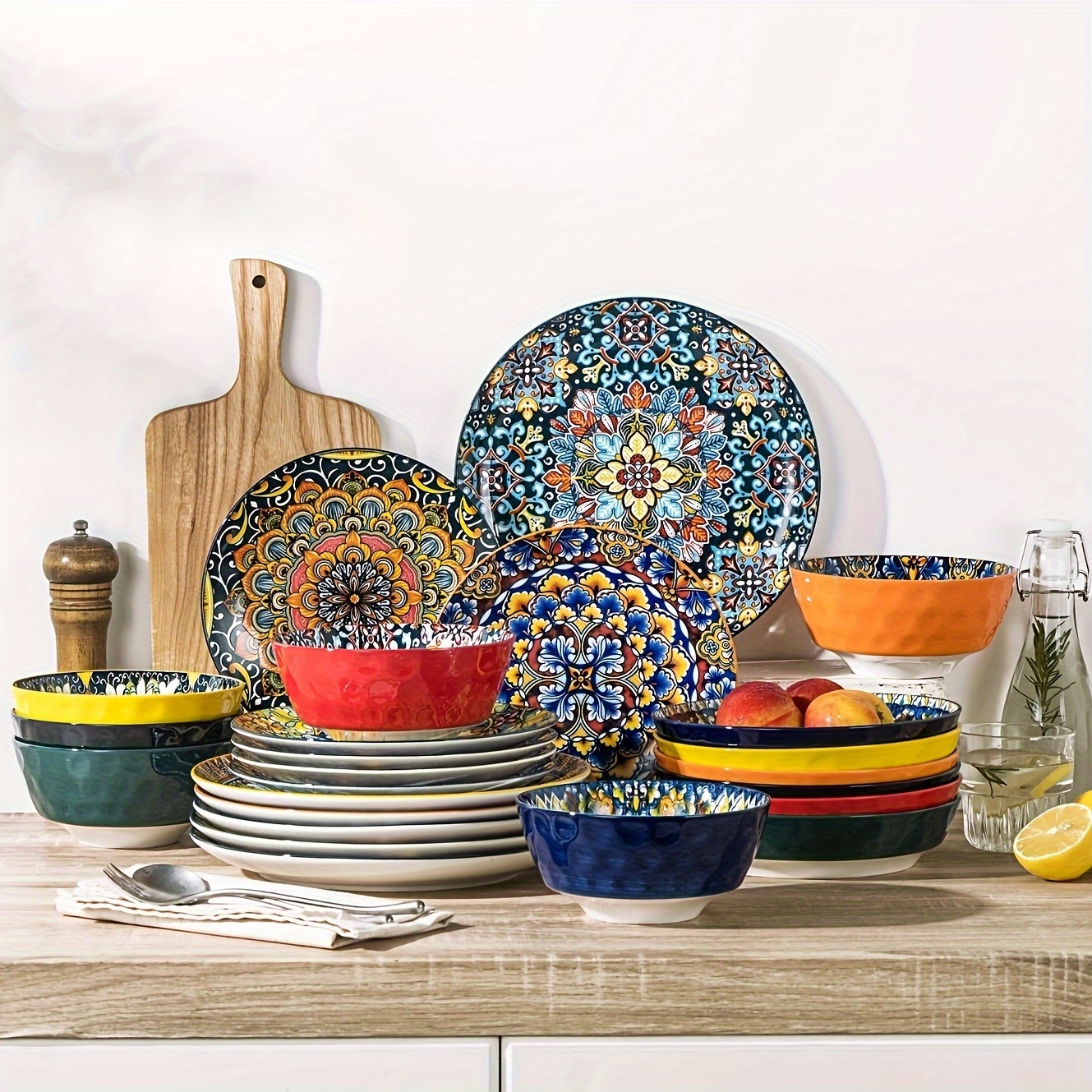 TEMU Dinner Sets For 6 People, Dinnerware Dish Set Artisanal Pieces Boho Colourful Tableware
