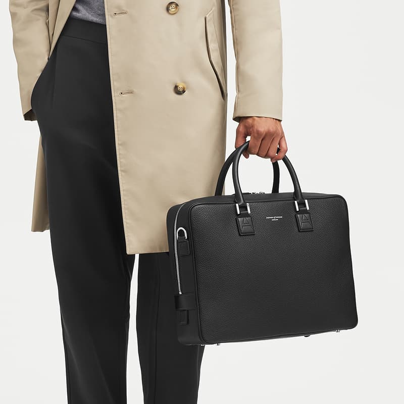 Mount Street Leather Laptop Briefcase Bag in Black Pebble
