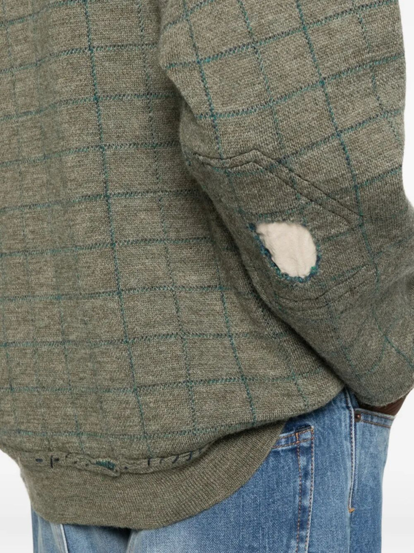Green Checked Distressed Sweater