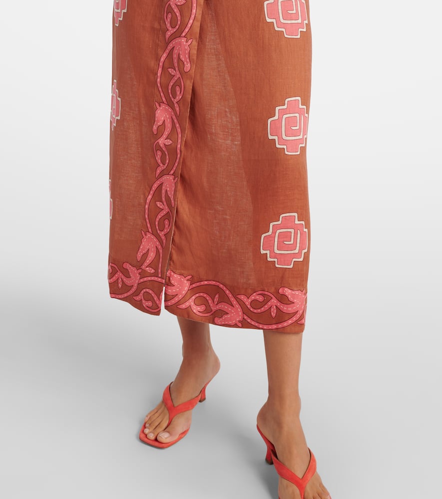 Embroidered smocked linen midi dress