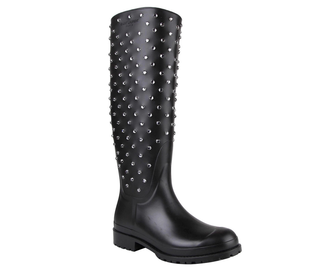 Saint Laurent Women's Black Rubber Rain Boots With Crystal Stud