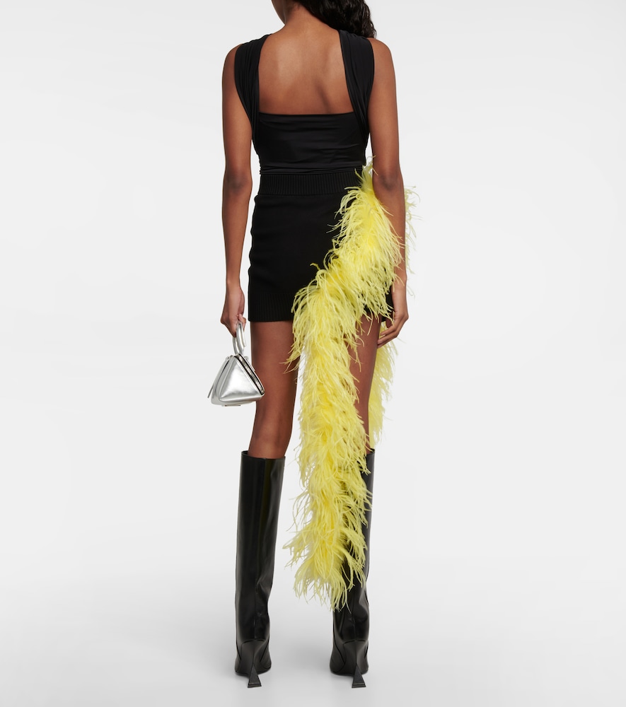 Feather-trimmed knitted miniskirt