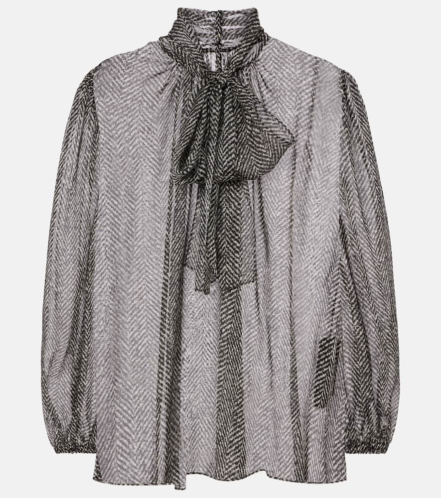Tie-neck herringbone silk chiffon blouse