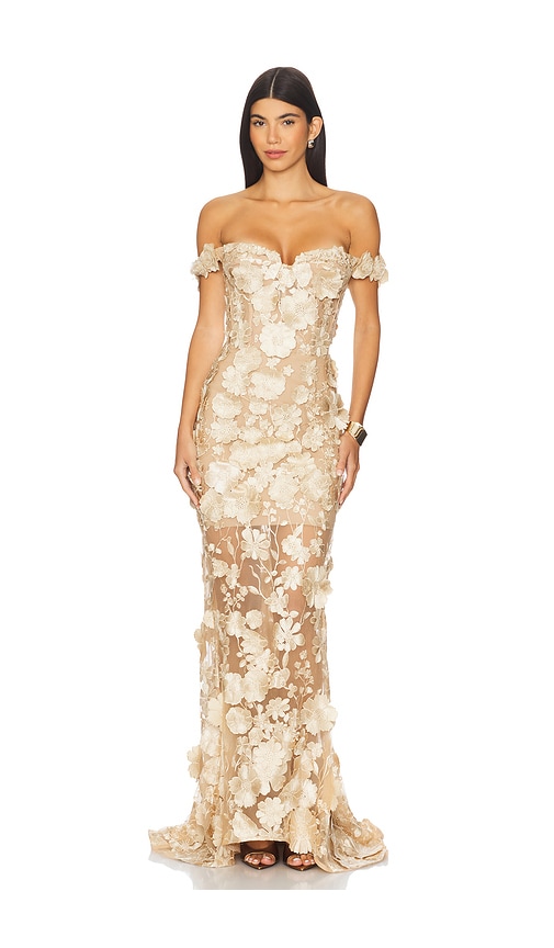 Bronx and Banco Jasmine Off The Shoulder Gown in Metallic Gold.  XL. Also in