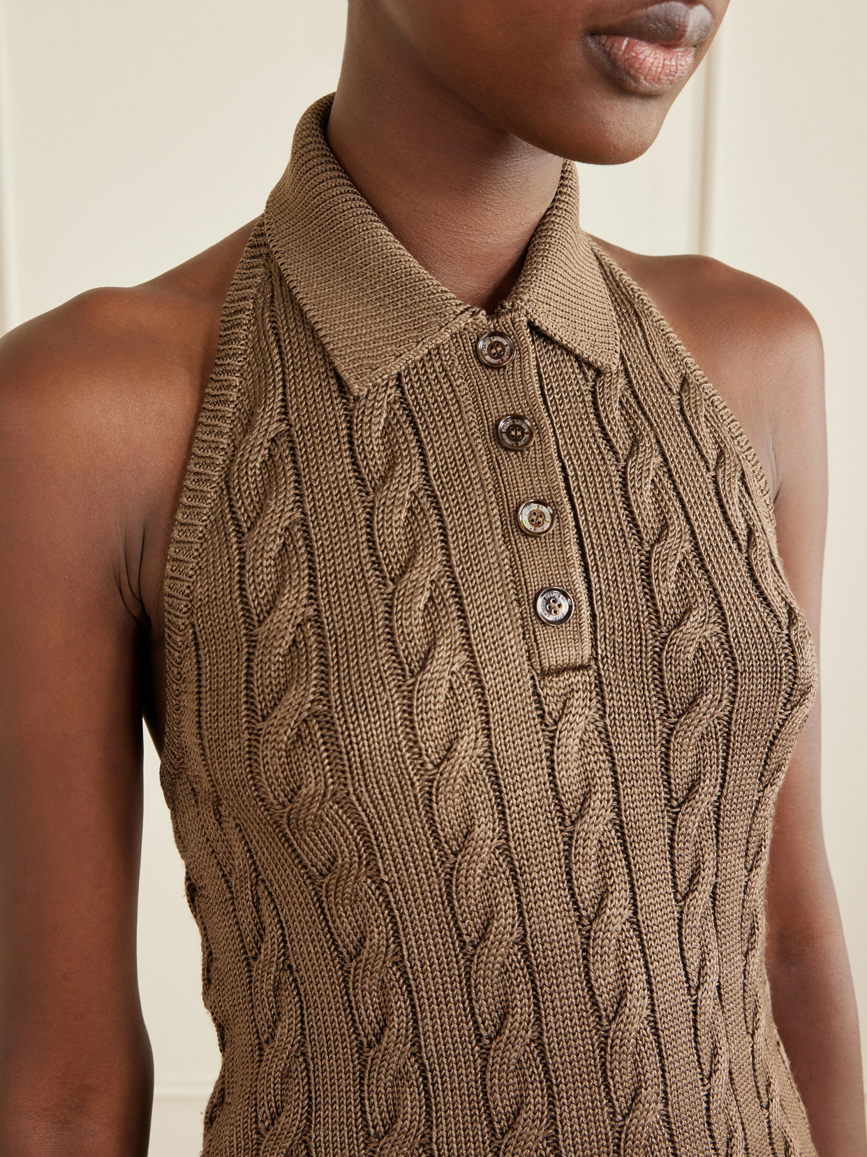 Cable-knit Halterneck Stretch-silk Polo - Brown