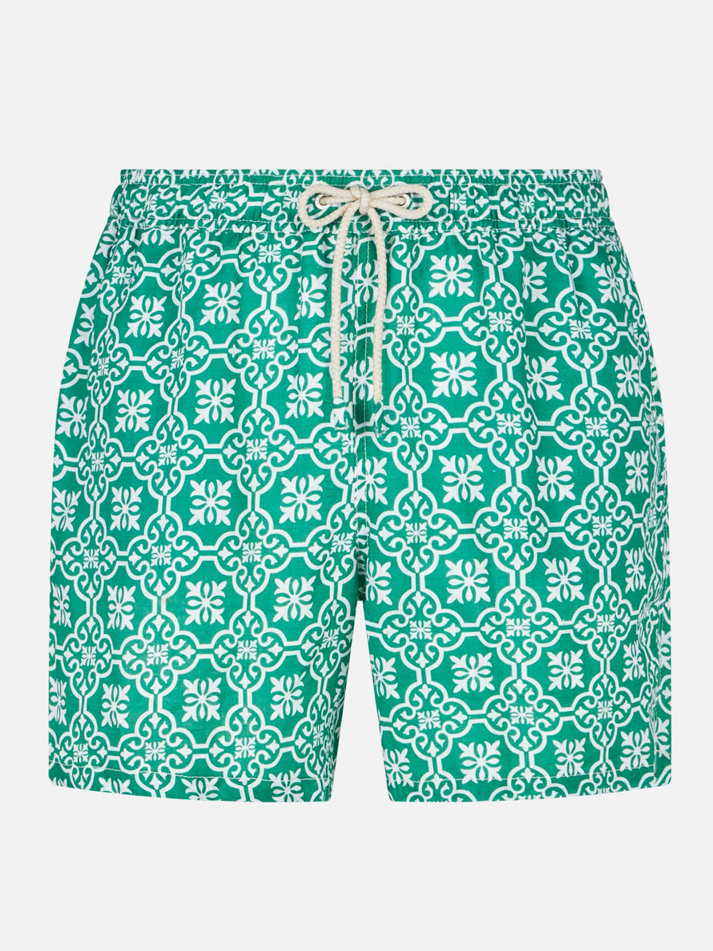 Man Linen Swim Shorts With Patterned Print Green Swimshort - Men