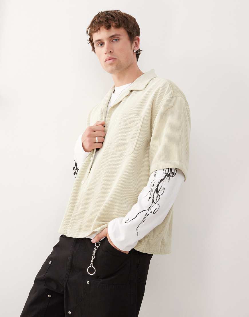 Weekday oversized cord camp collar shirt in beige-Neutral