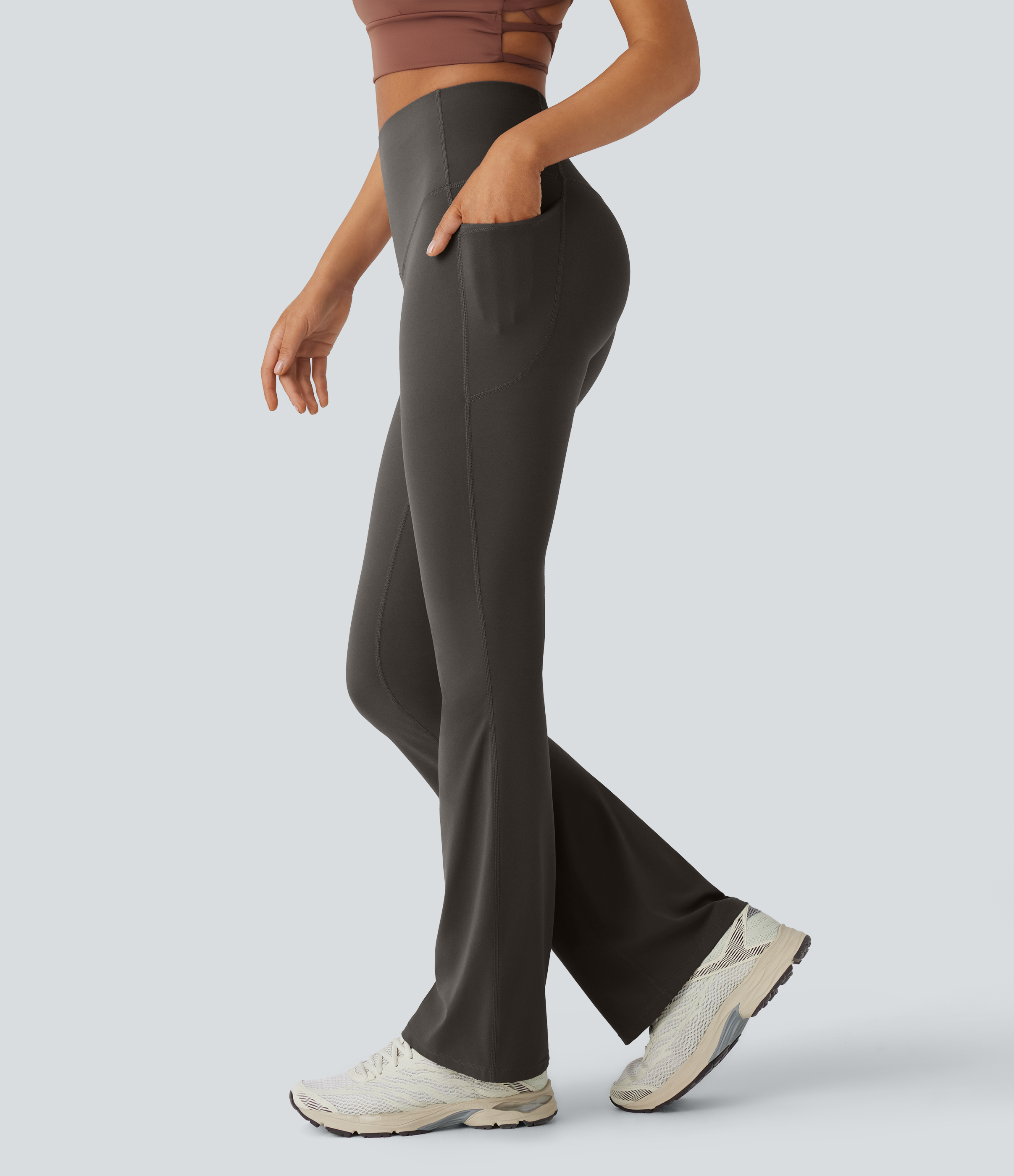 UltraSculpt™ SoCinched High Waisted Tummy Control Pocket Shaping Yoga Bootcut Leggings  - Hazelnut Black