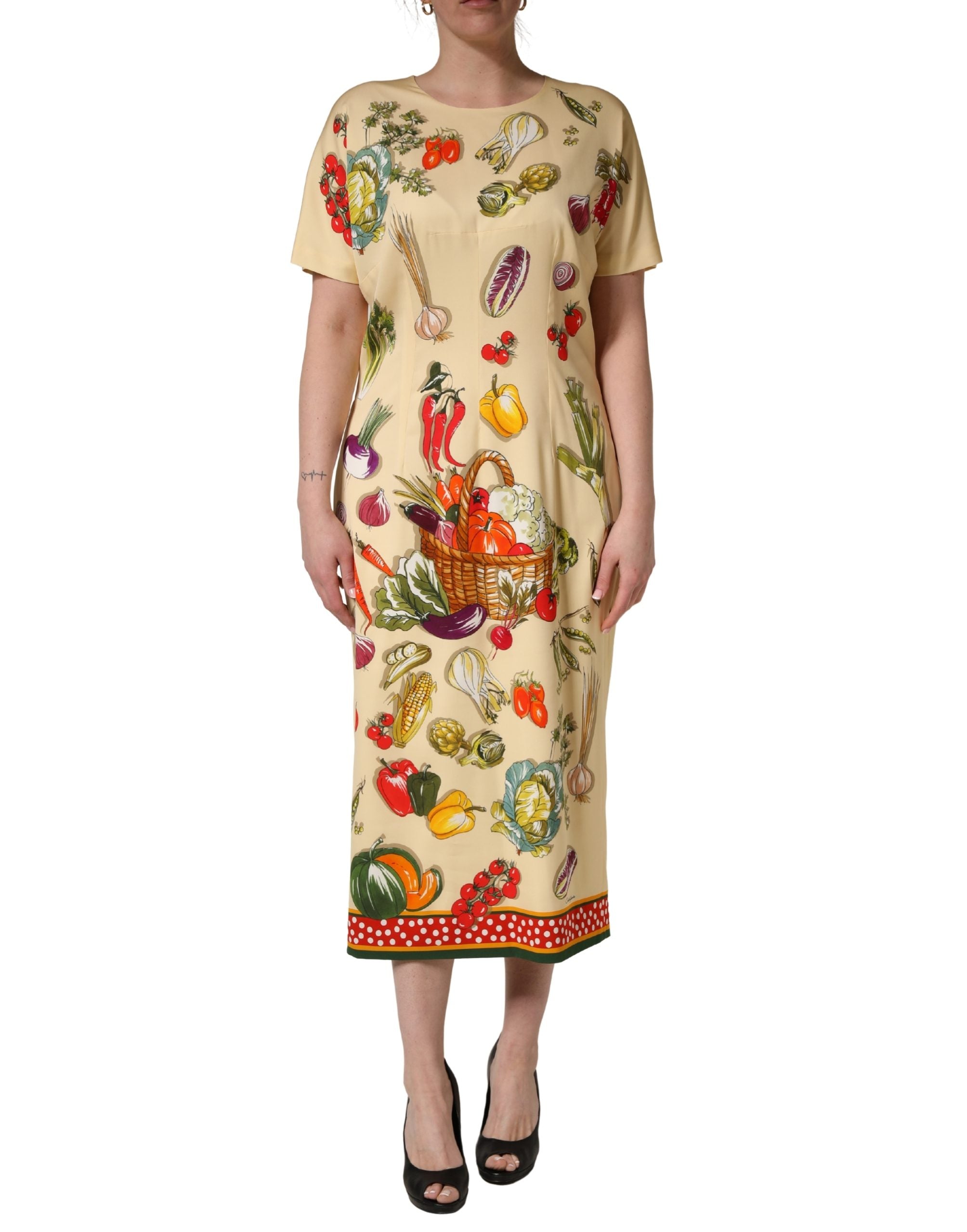 Vegetable-Print Silk Dress — Beige