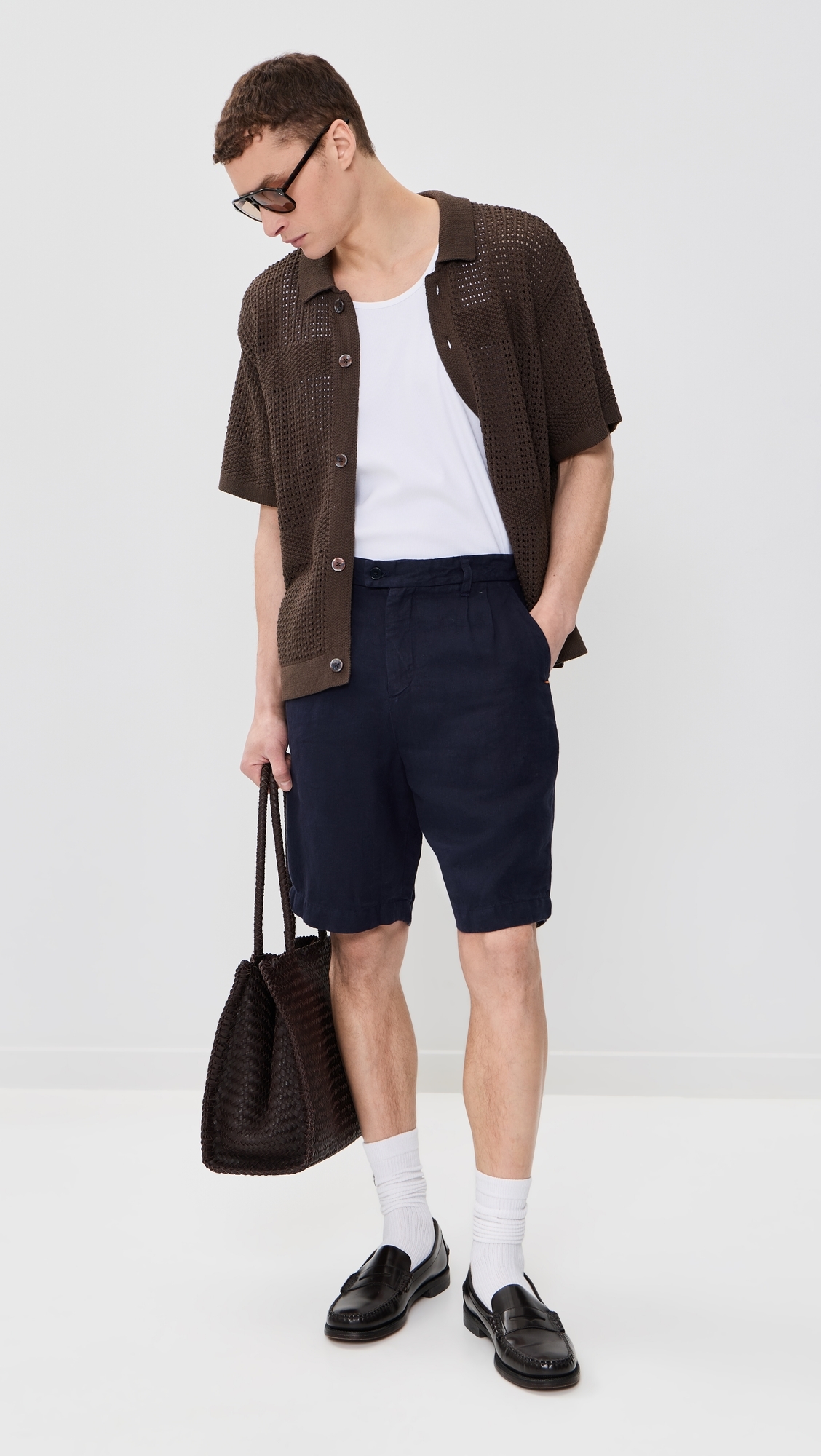 Linen Double Pleated Shorts Navy