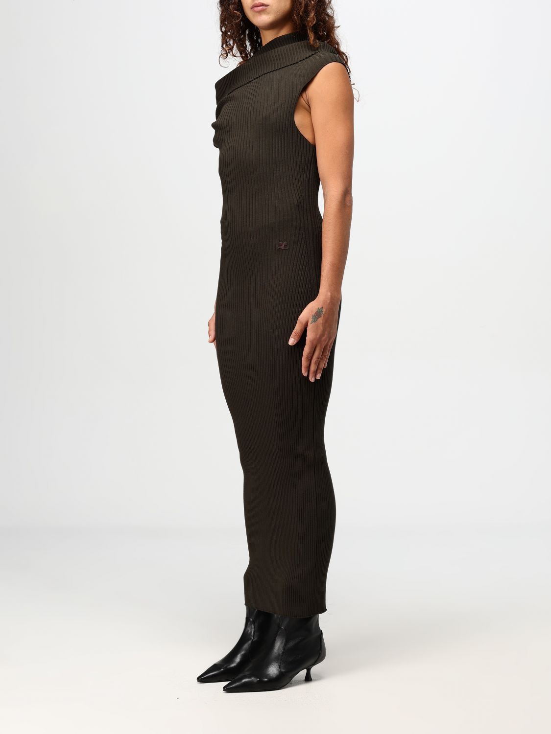 Assymetric ribbed-knit long dress - Brown