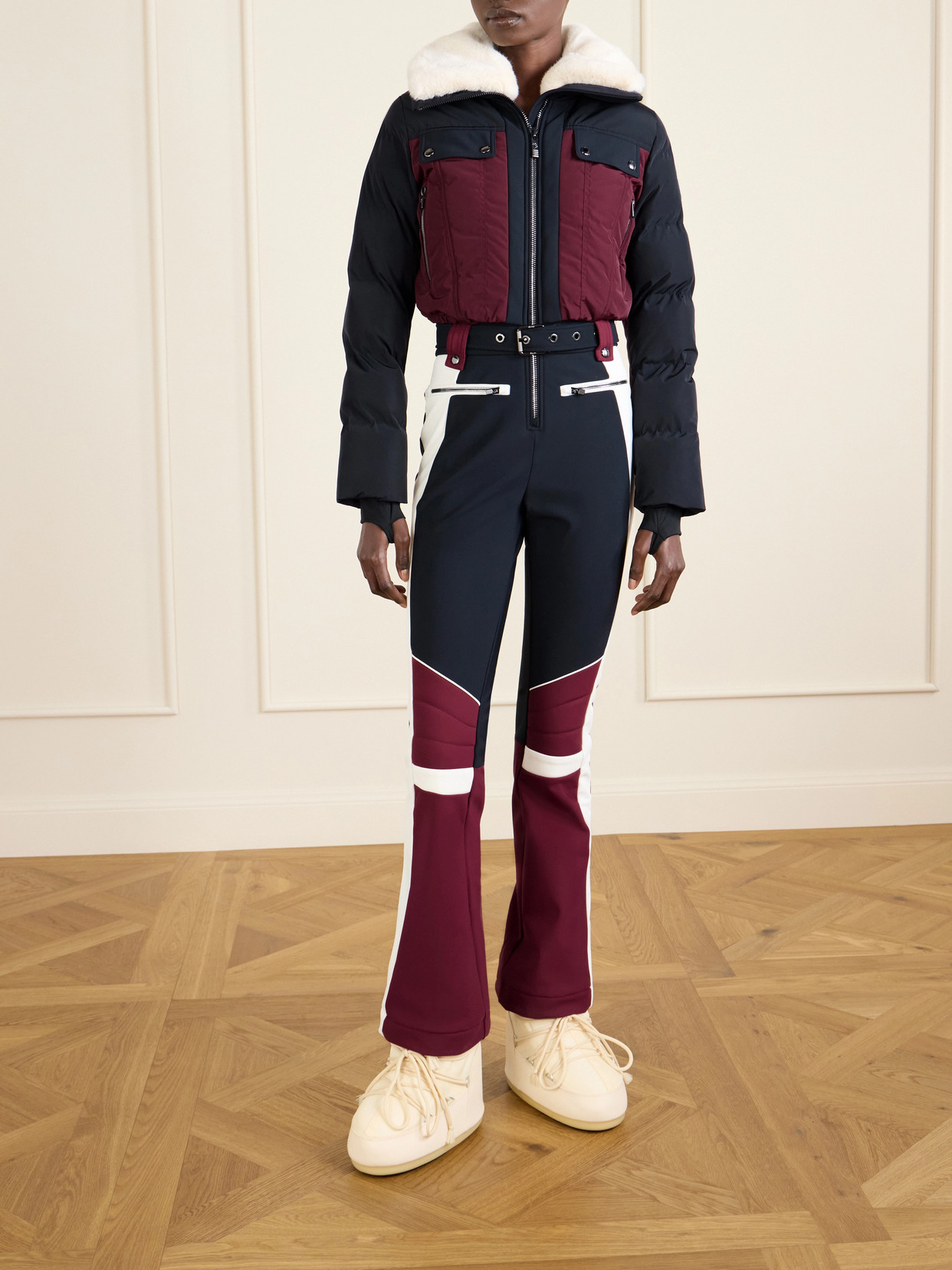 Karei Belted Plush-trimmed Padded Shell Ski Suit - Burgundy