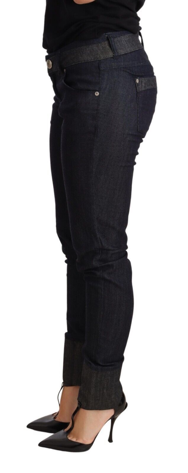 Skinny Folded-Hem Denim Jeans — Navy