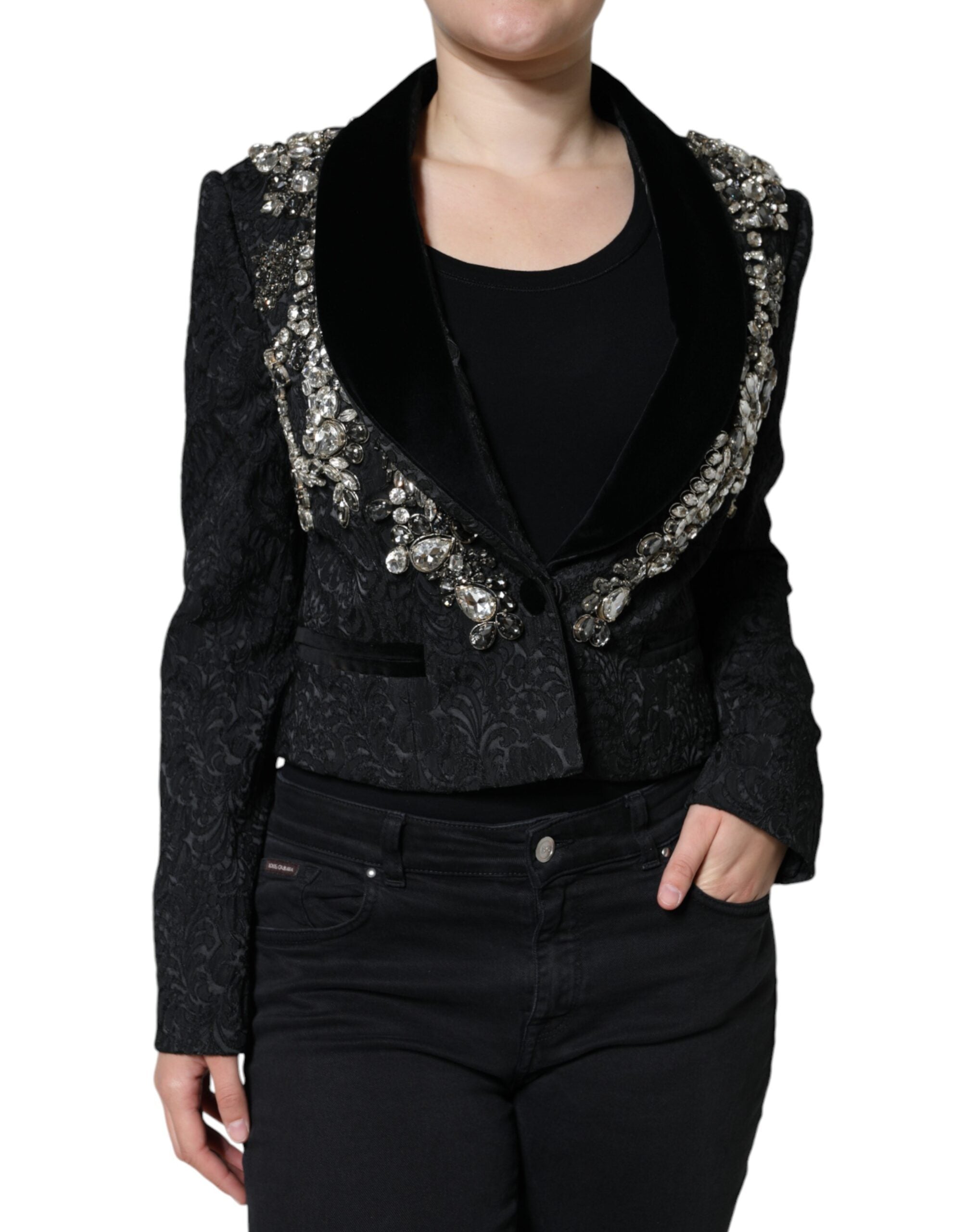 Jacquard Crystal Floral Blazer — Black