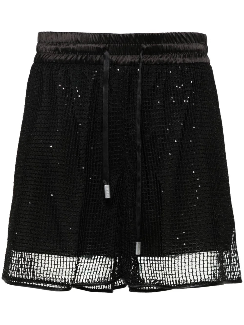 Sequin-Embellished Mesh Shorts — Black