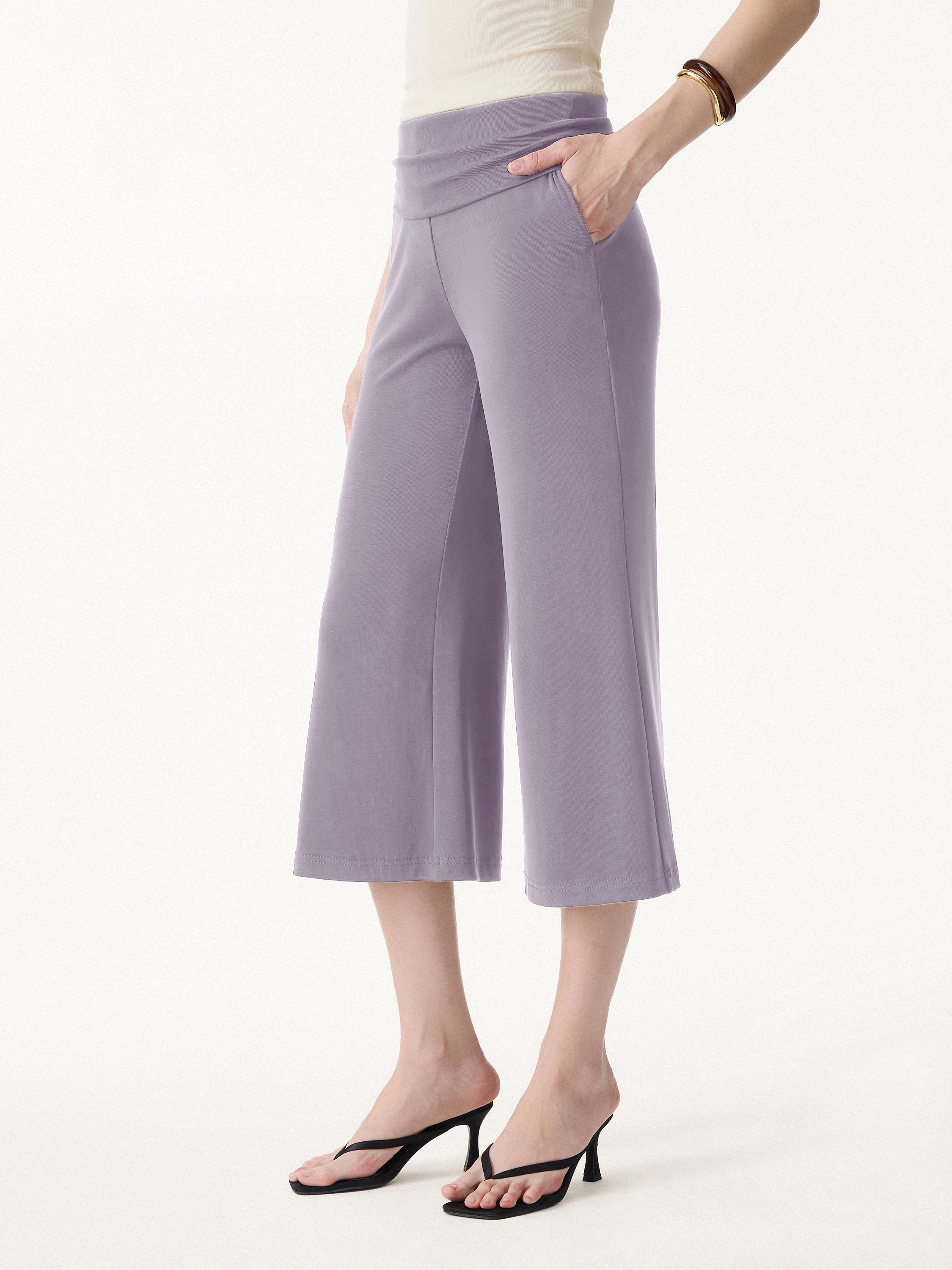 Sandwashed Modal Fold-Down Waist Flared Leg Pants - Regular / Purple Fog