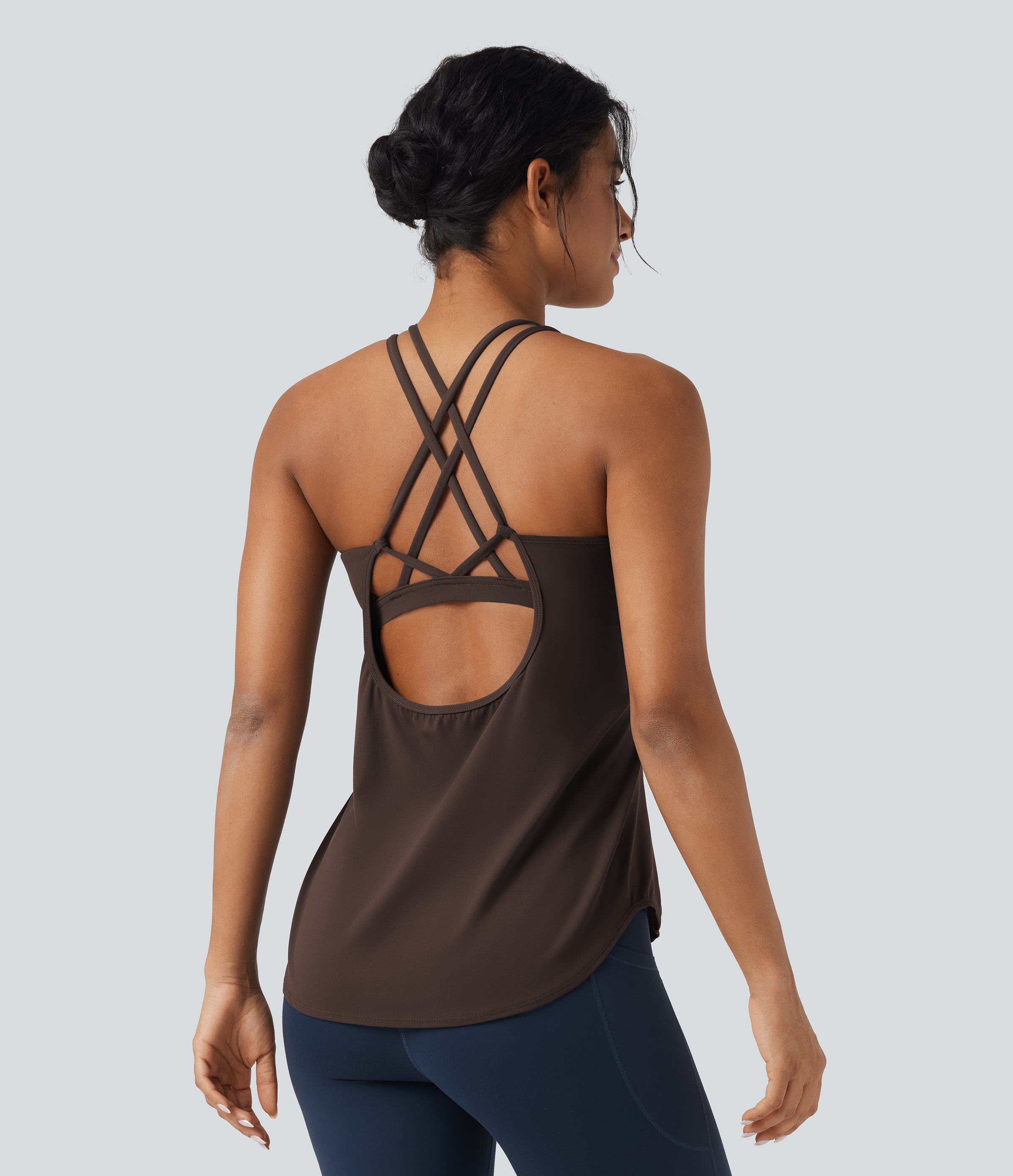 UltraSculpt™ Round Neck Crisscross Back Running Tank Tops DD-F Cups Tank Top - Hot Fudge