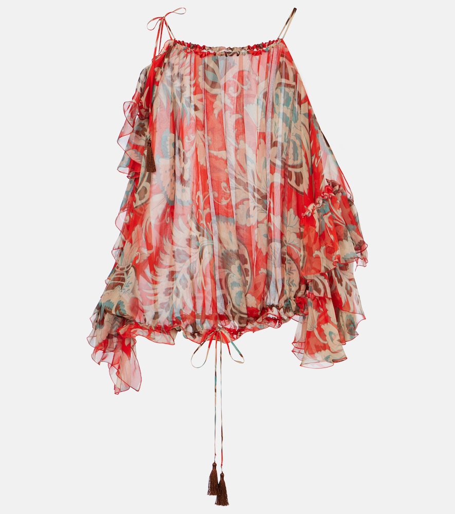 Printed one-shoulder ruffled silk top