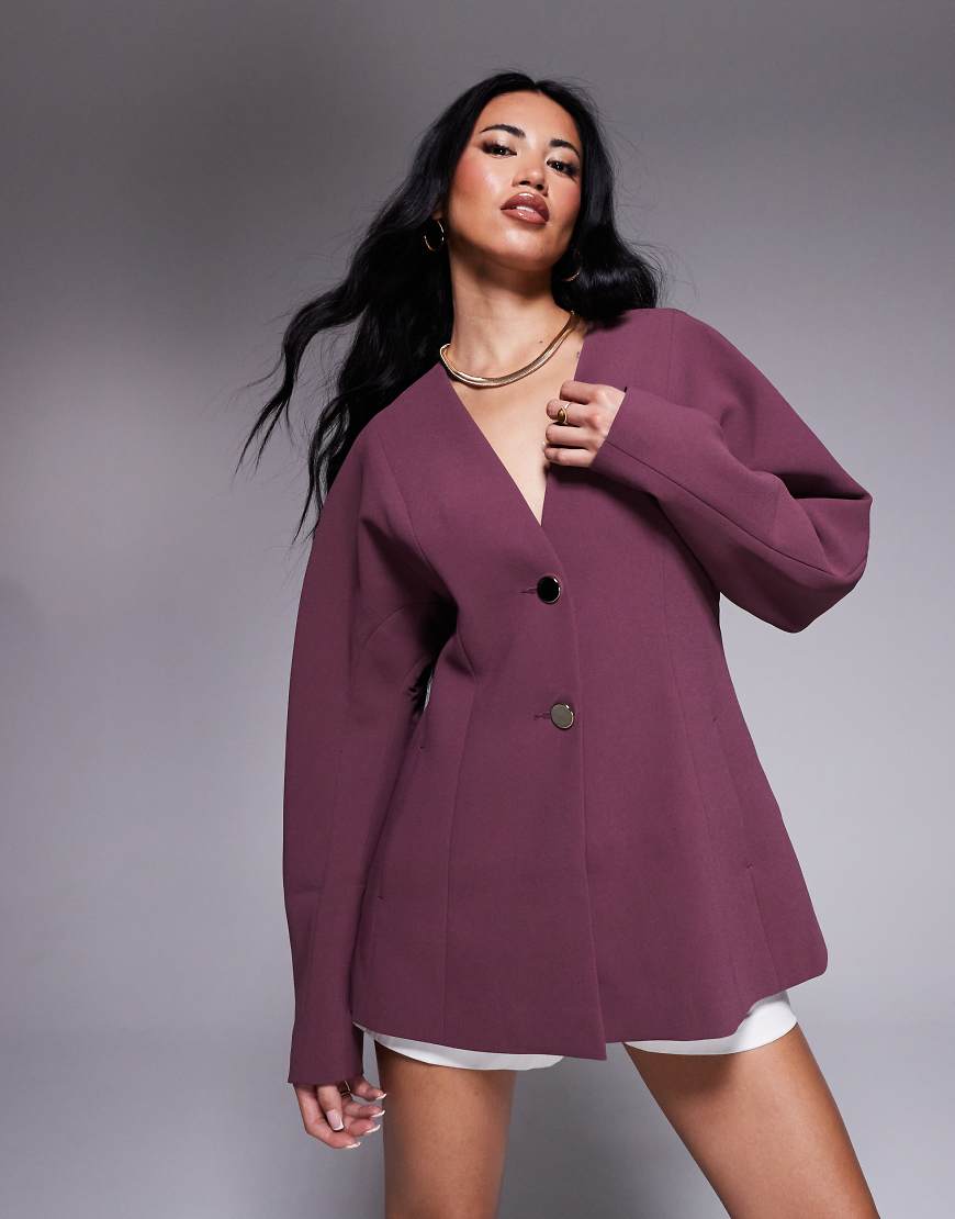 ASOS DESIGN collarless nipped waist blazer in grape-Purple